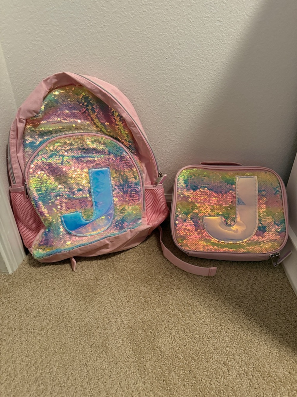 Pink and Rainbow Sequin Kids Backpack and lunch box